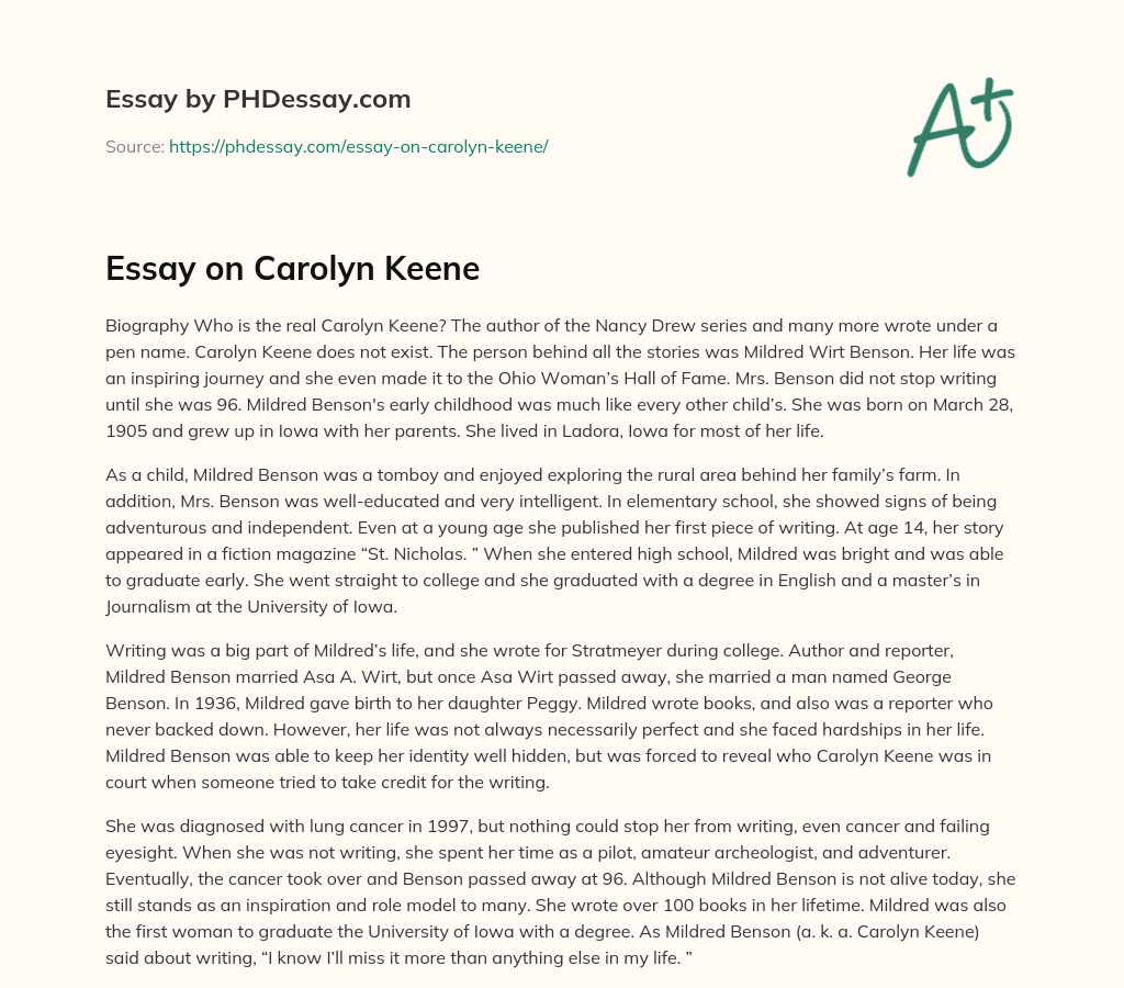 The Life of Mildred Wirt Benson: The Real Carolyn Keene essay
