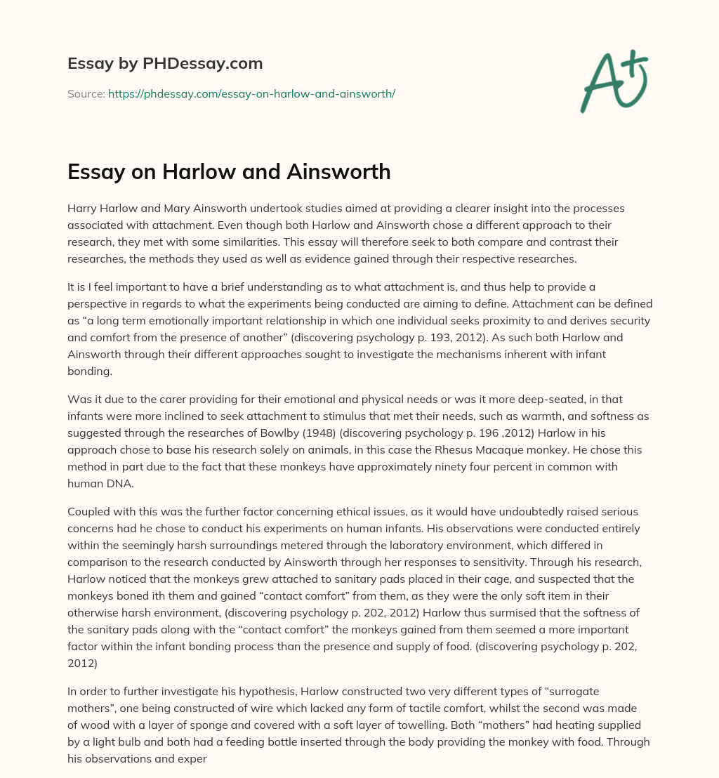 Essay on Harlow and Ainsworth essay