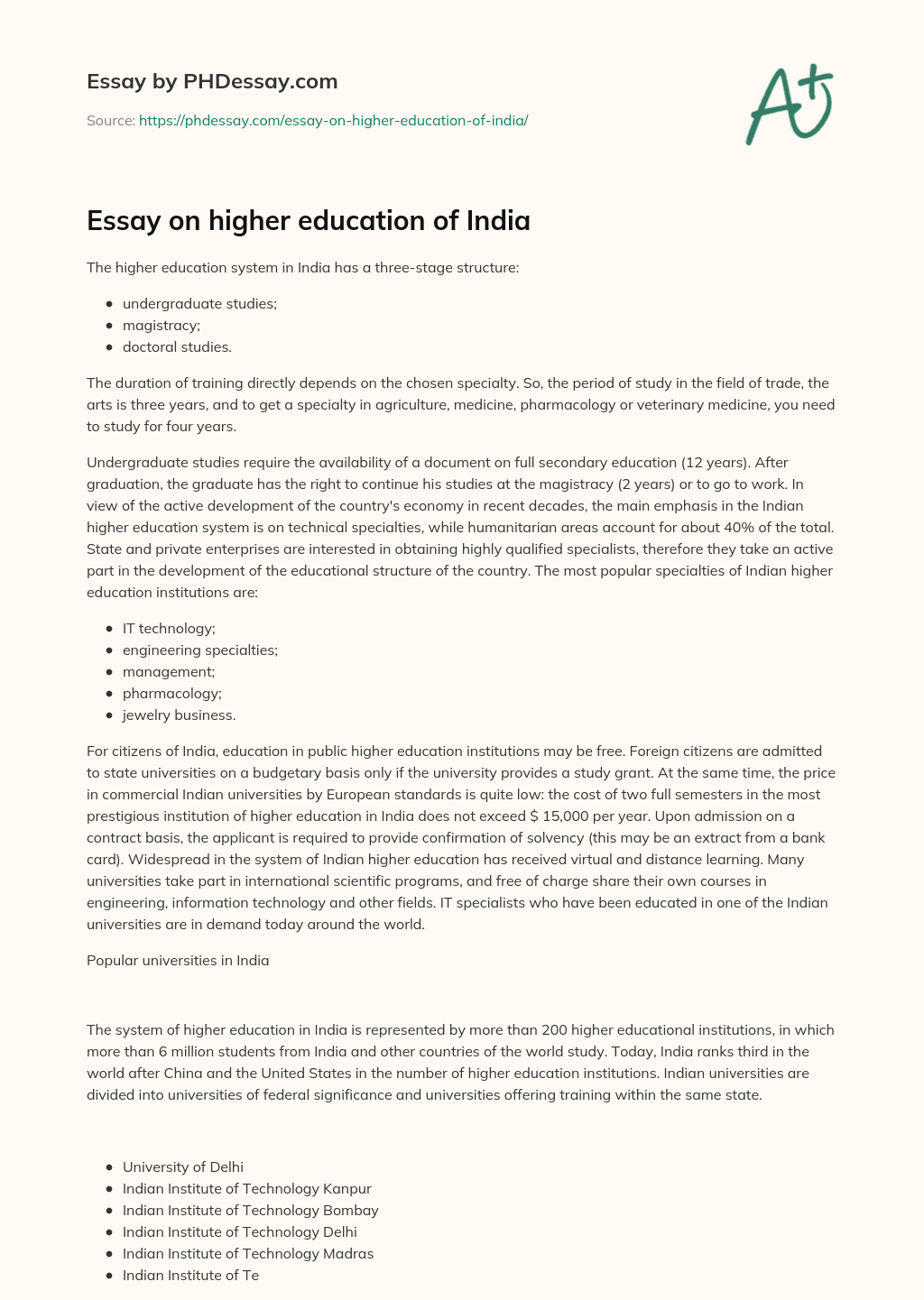 Essay on higher education of India essay