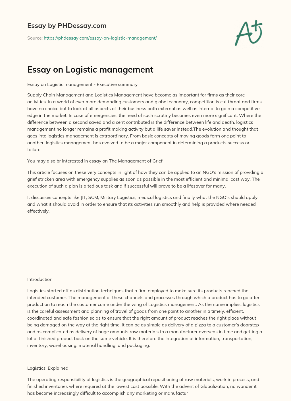 Essay on Logistic management essay
