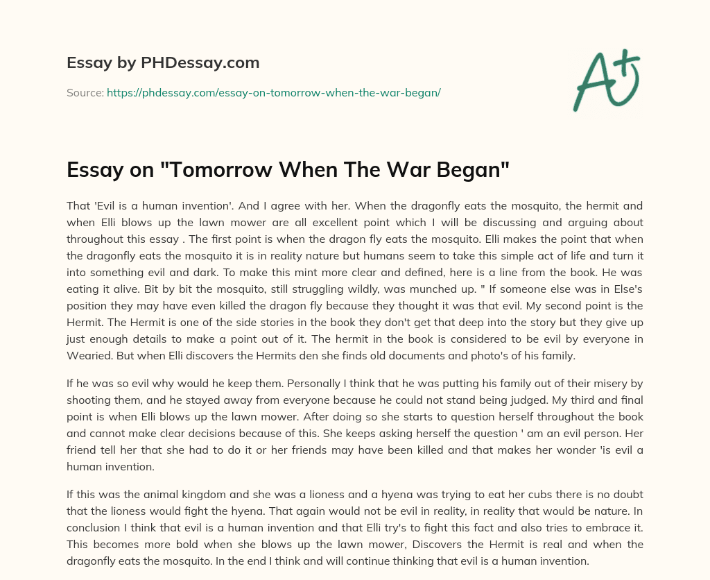 Essay on “Tomorrow When The War Began” essay