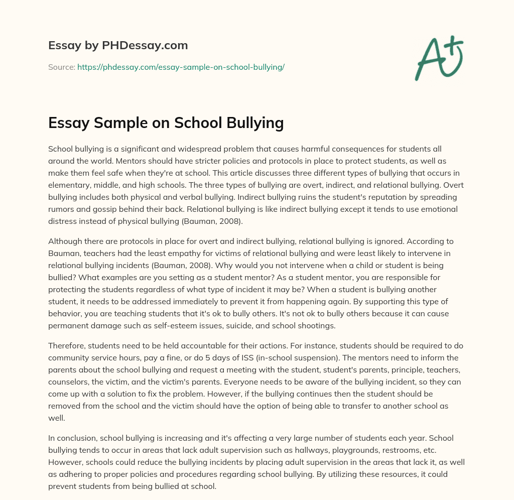 Essay Sample On School Bullying 400 Words PHDessay