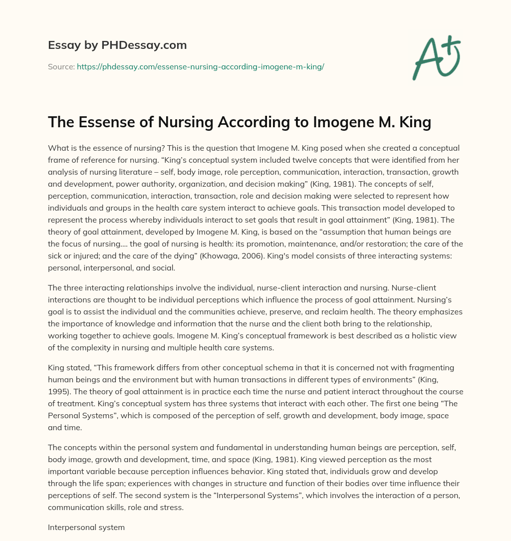 The Essense of Nursing According to Imogene M. King essay