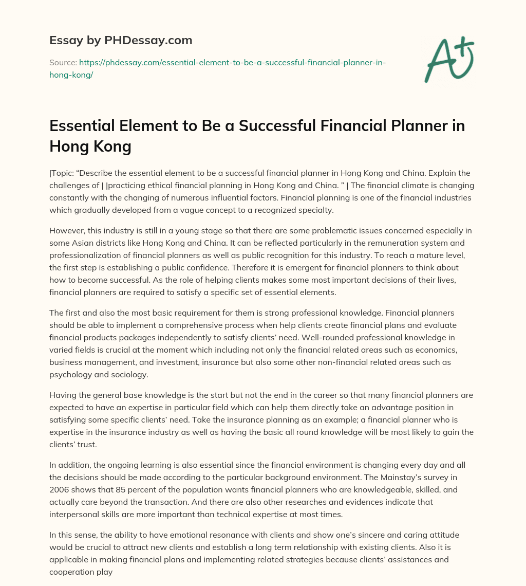 Essential Element to Be a Successful Financial Planner in Hong Kong essay