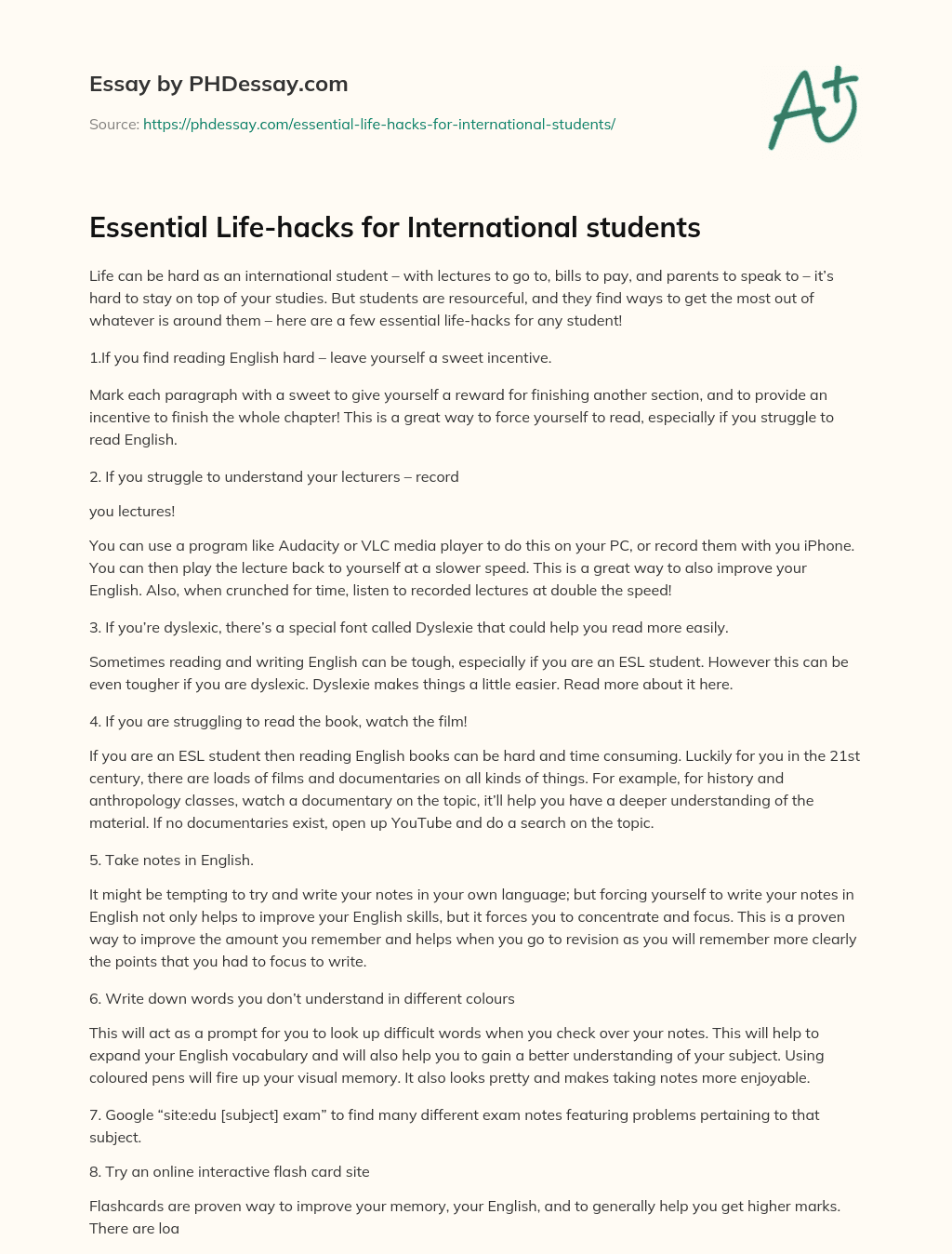 Essential Life-hacks for International students essay