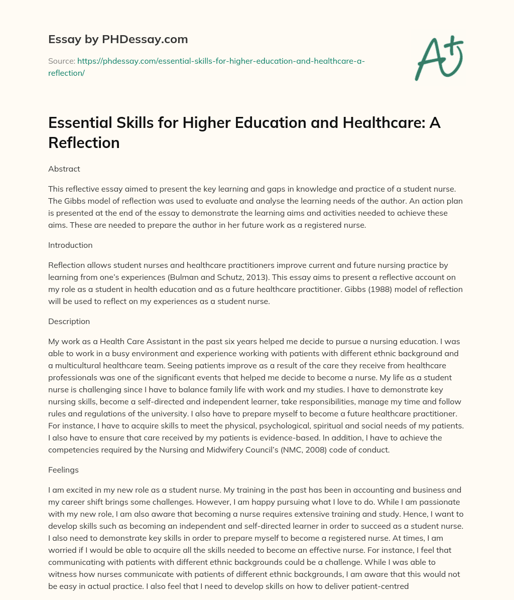 Essential Skills for Higher Education and Healthcare: A Reflection essay