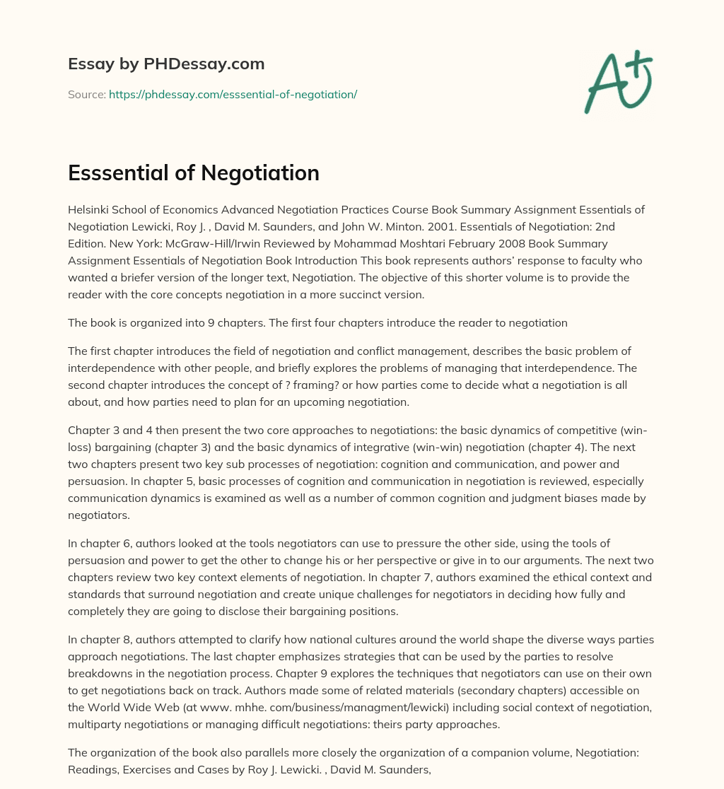 Esssential of Negotiation essay