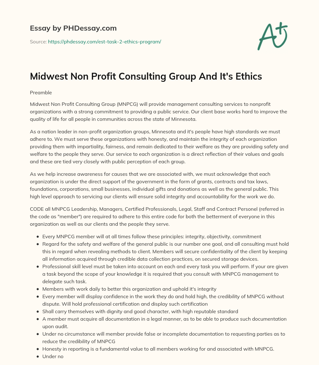 Midwest Non Profit Consulting Group And It’s Ethics essay