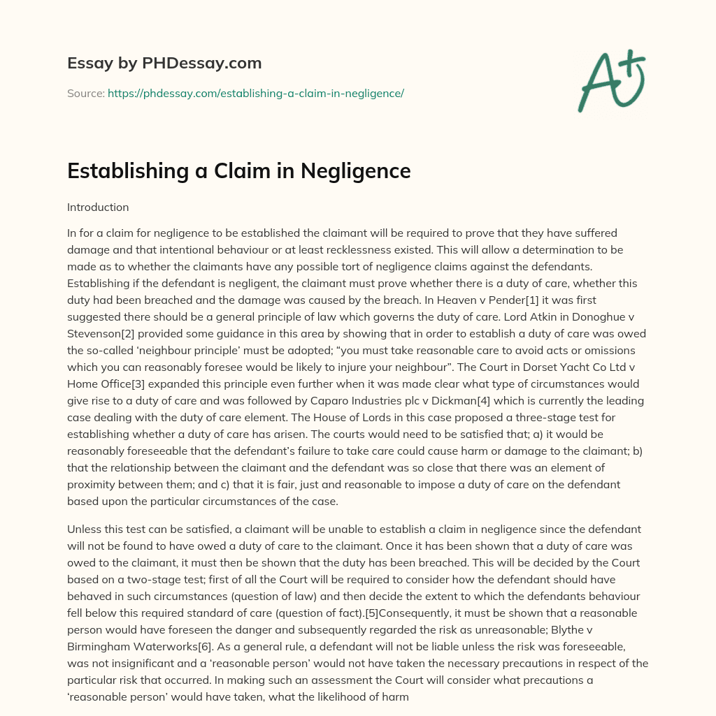 Establishing a Claim in Negligence essay