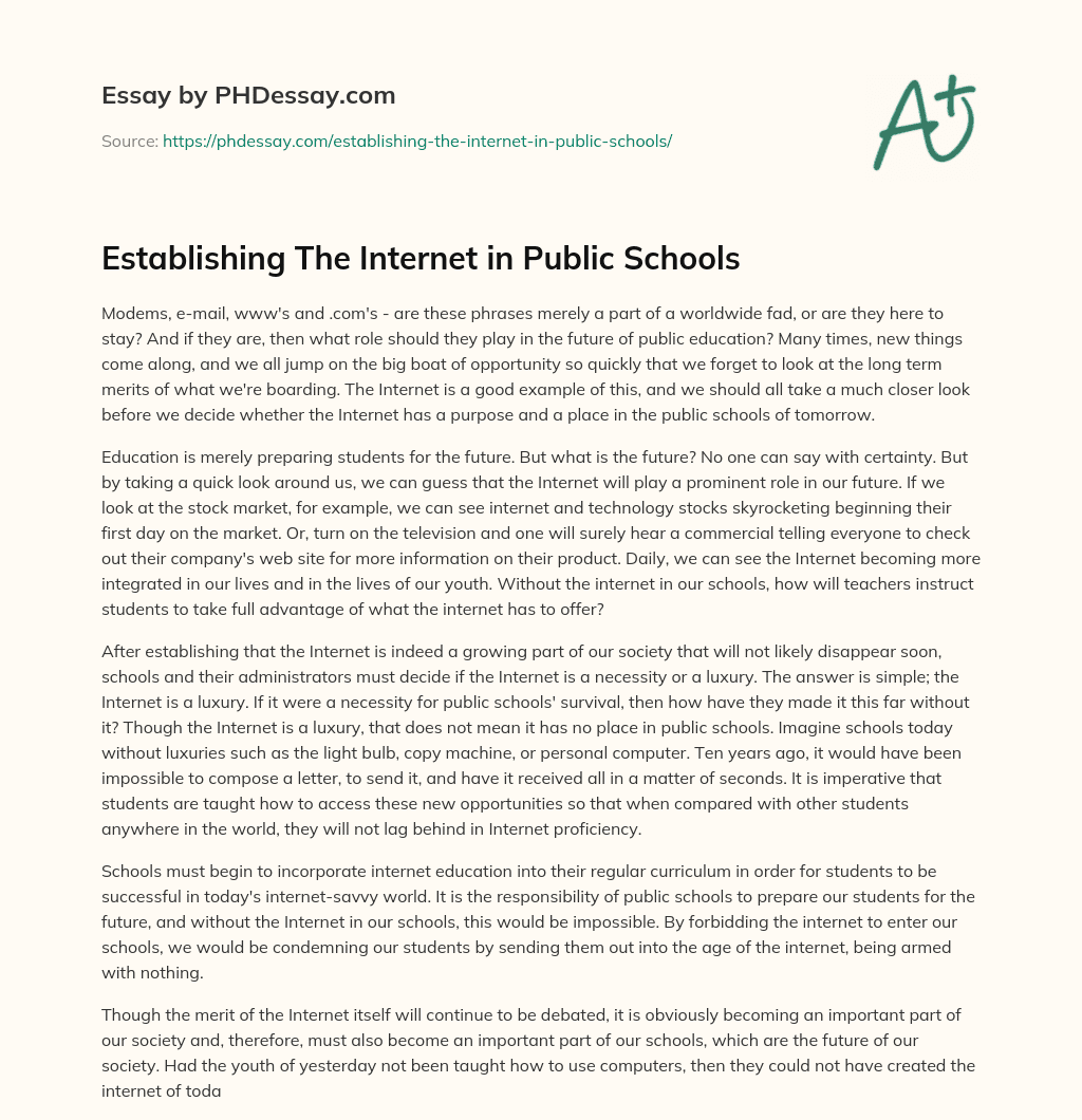 Establishing The Internet in Public Schools essay