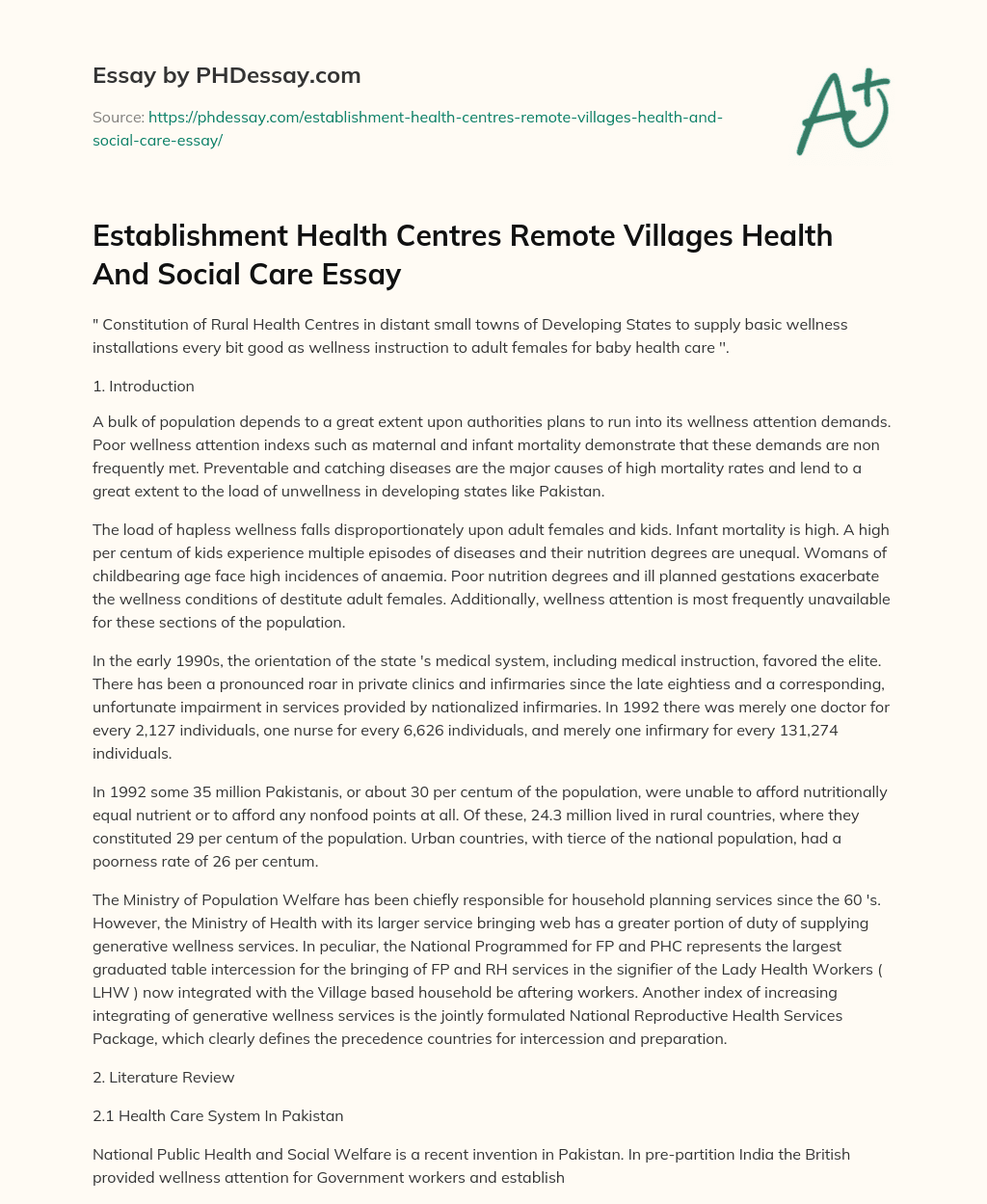 Establishment Health Centres Remote Villages Health And Social Care Essay essay
