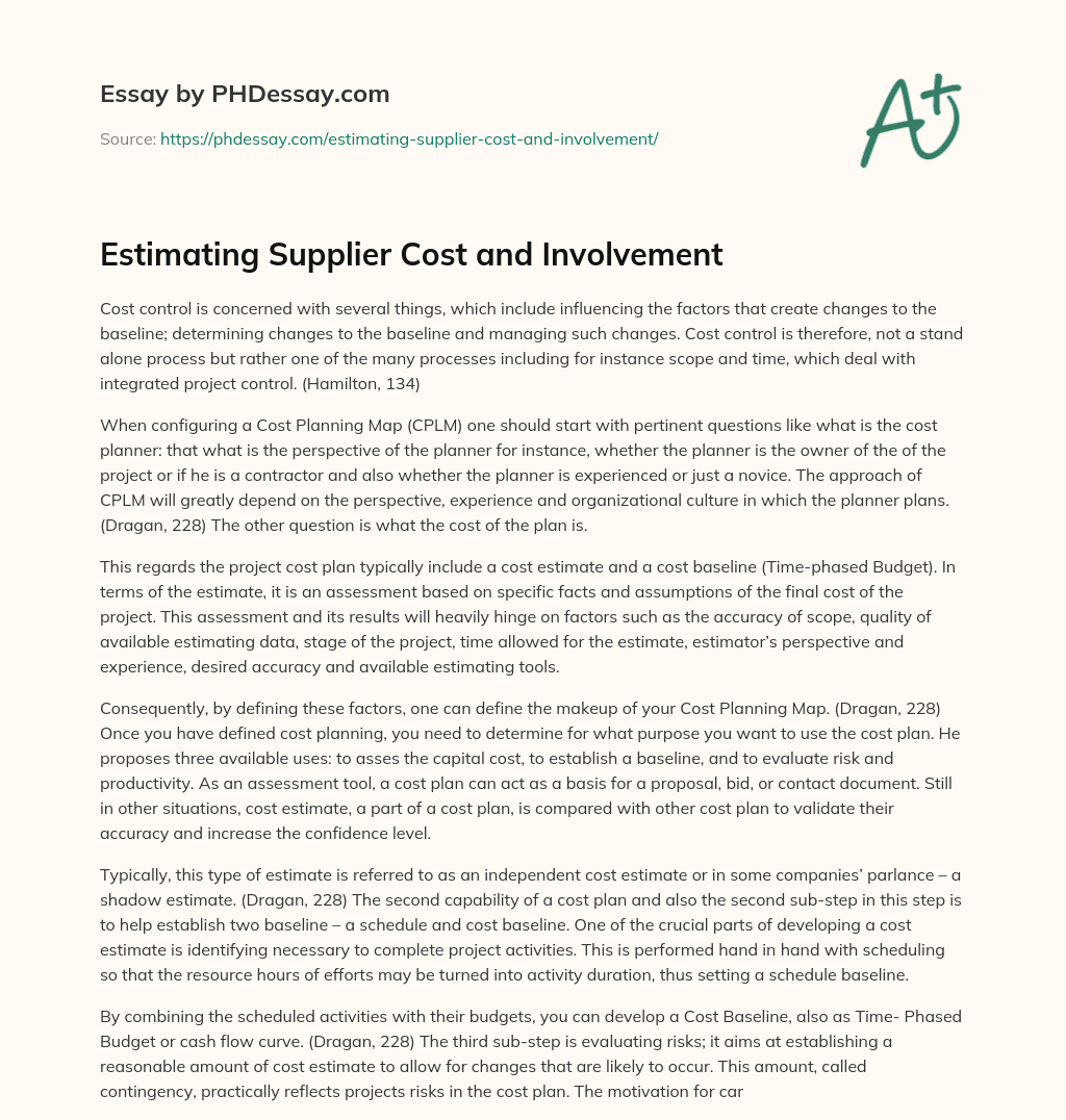 Estimating Supplier Cost and Involvement essay
