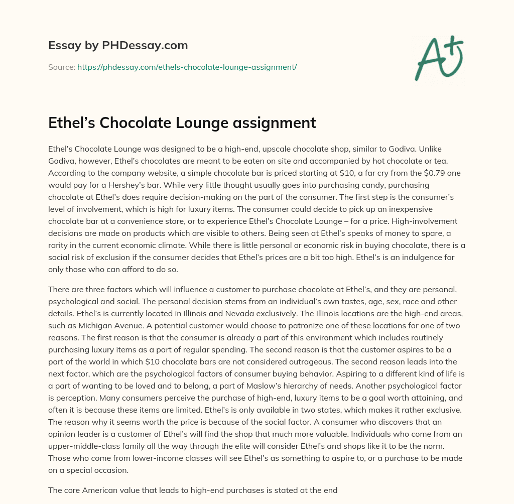 Ethel’s Chocolate Lounge assignment essay