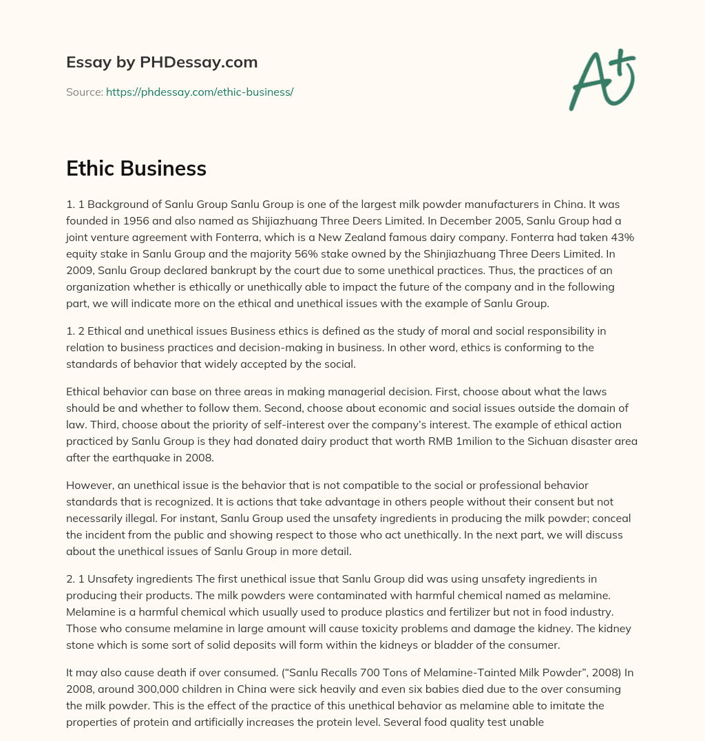 Ethic Business essay