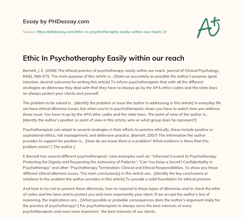 Ethic In Psychotheraphy Easily within our reach essay