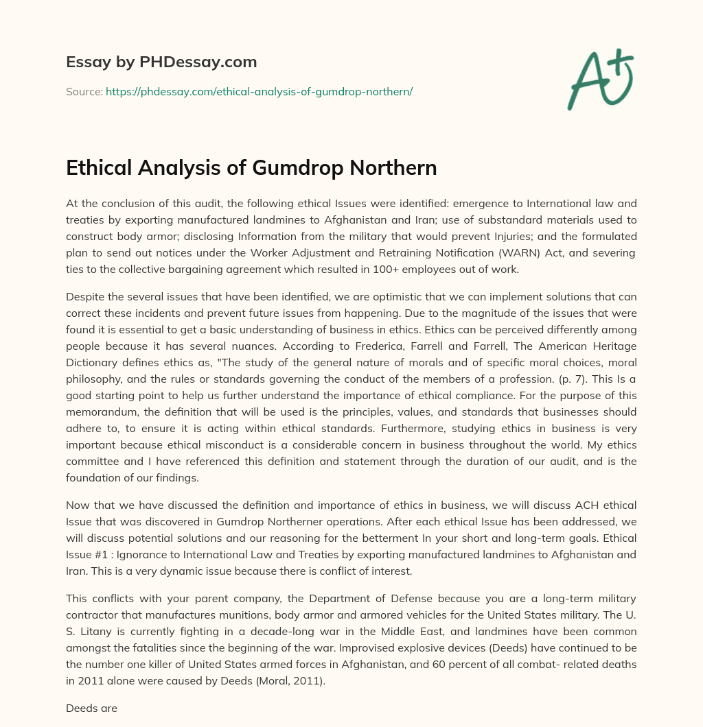 Ethical Analysis of Gumdrop Northern essay
