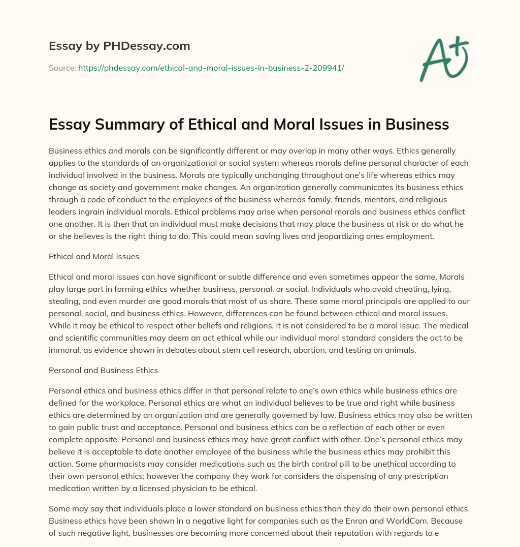Essay Summary of Ethical and Moral Issues in Business essay