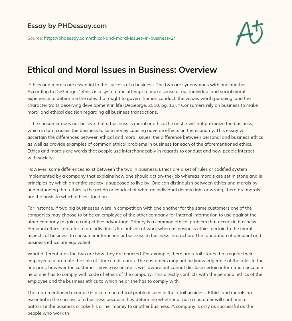 Ethical and Moral Issues in Business: Overview essay