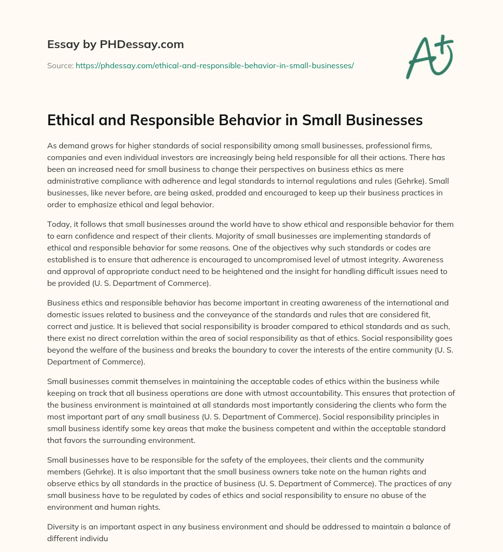 Ethical and Responsible Behavior in Small Businesses essay