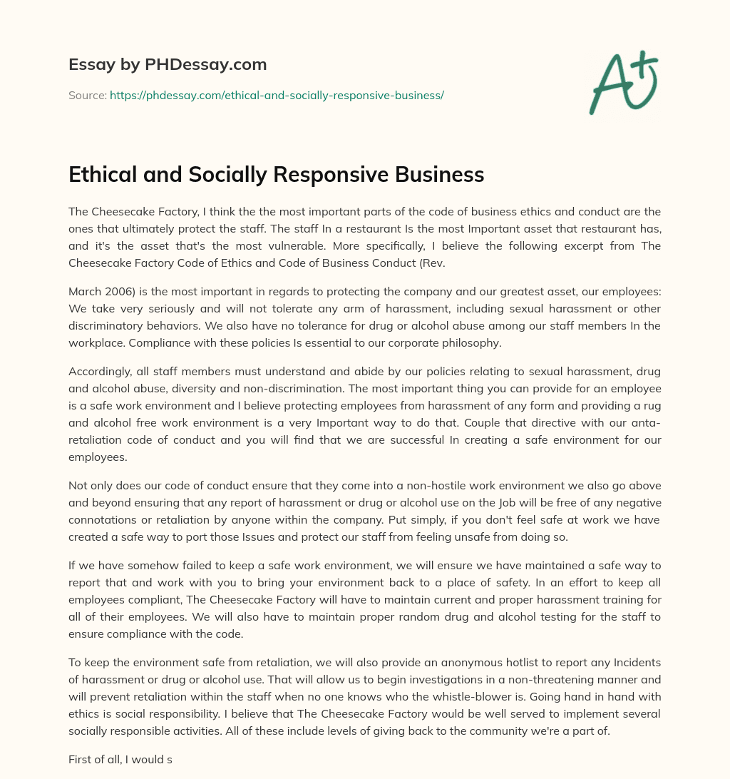 Ethical and Socially Responsive Business essay