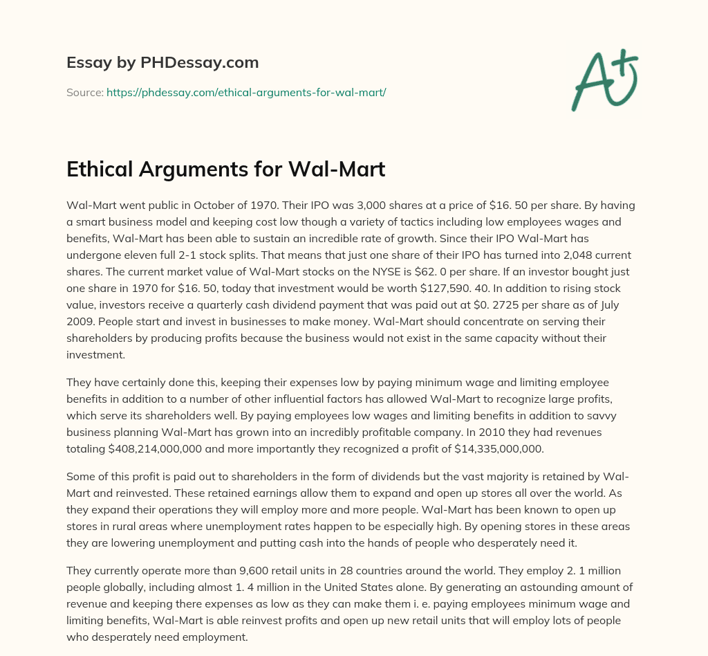 Ethical Arguments for Wal-Mart essay