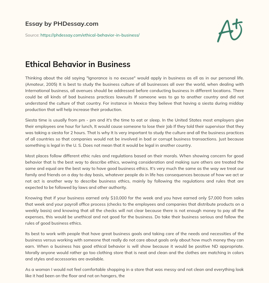 Ethical Behavior in Business essay