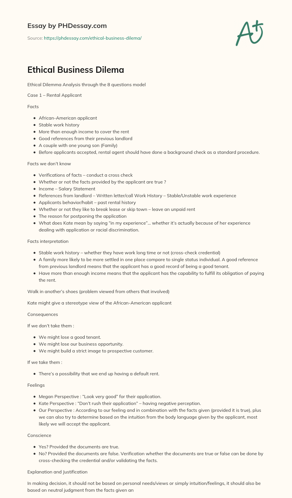 Ethical Business Dilema essay