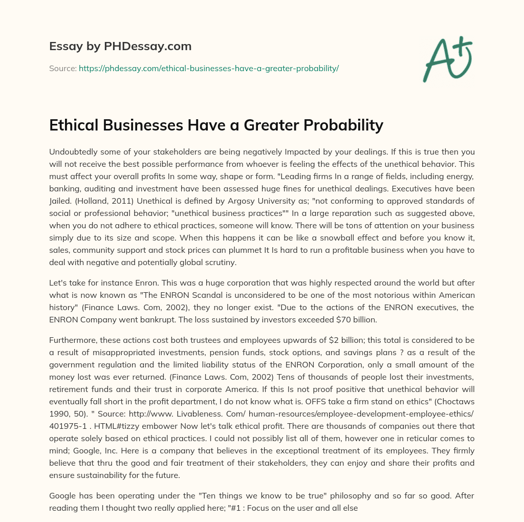 Ethical Businesses Have a Greater Probability essay