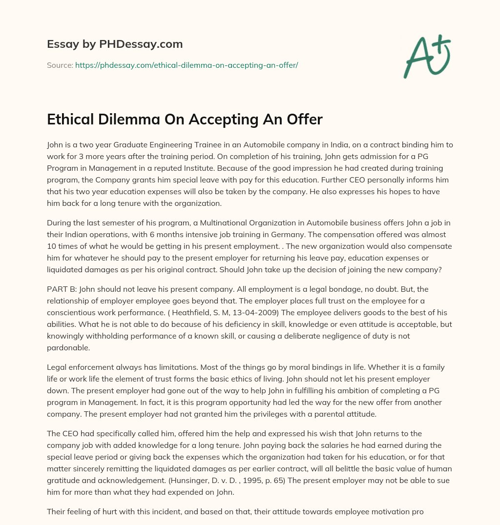 Ethical Dilemma On Accepting An Offer essay
