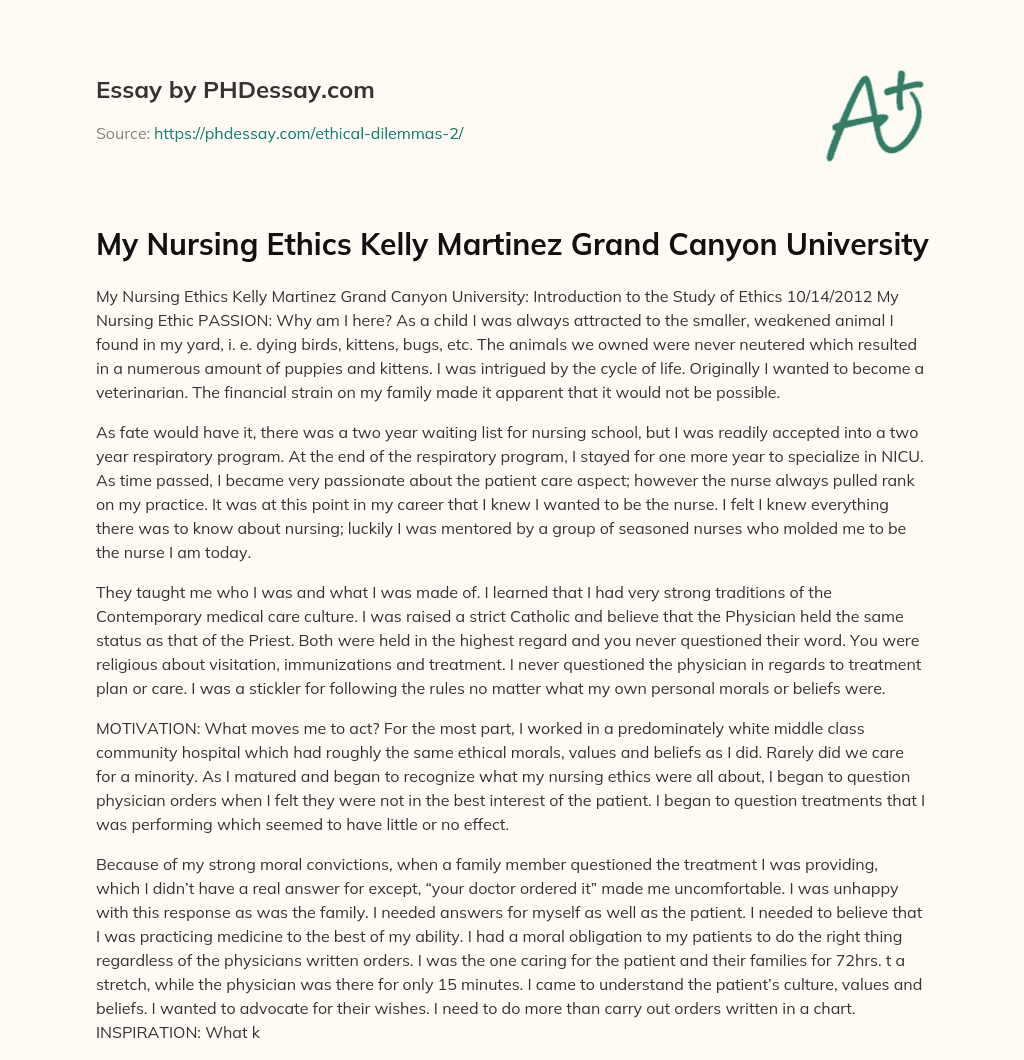 My Nursing Ethics Kelly Martinez Grand Canyon University essay