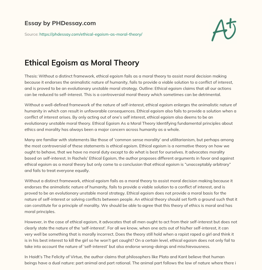 Ethical Egoism as Moral Theory essay