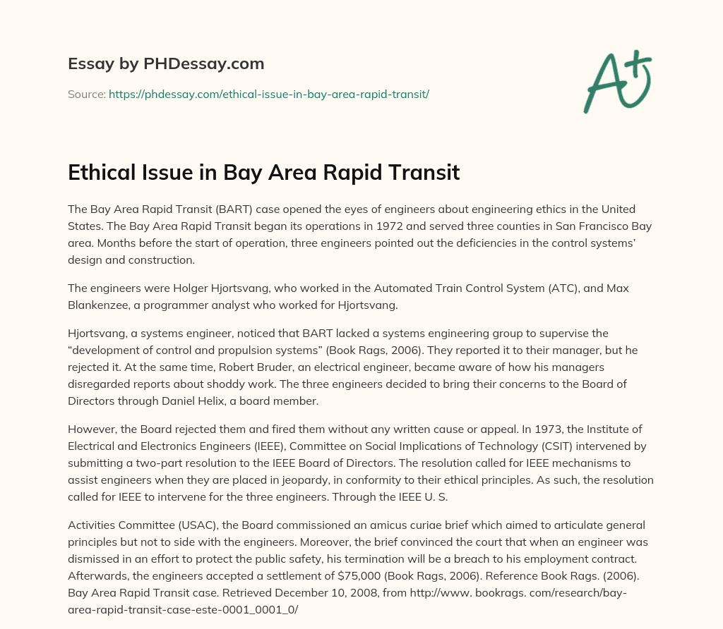 Ethical Issue in Bay Area Rapid Transit essay