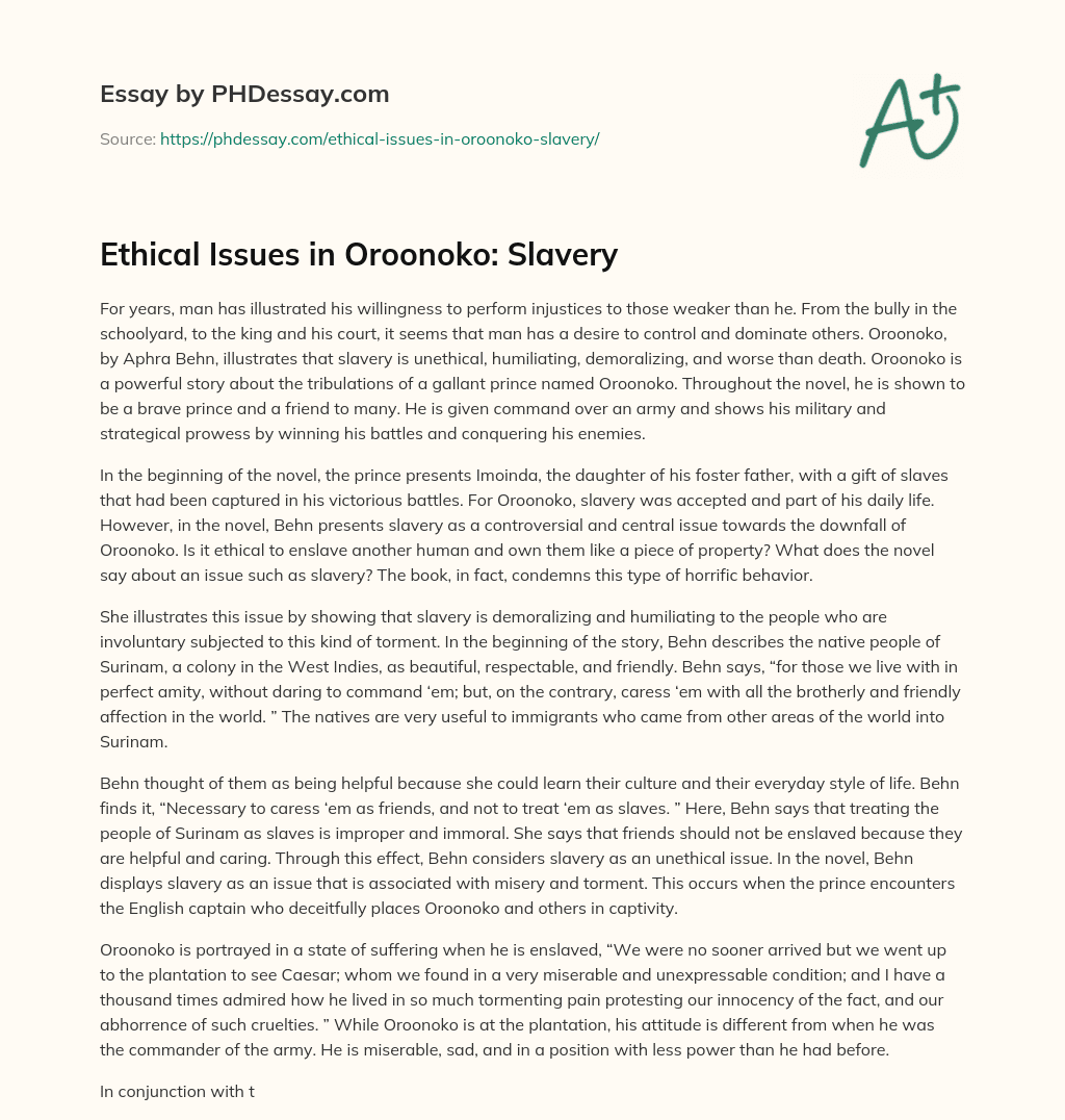 Ethical Issues in Oroonoko: Slavery essay