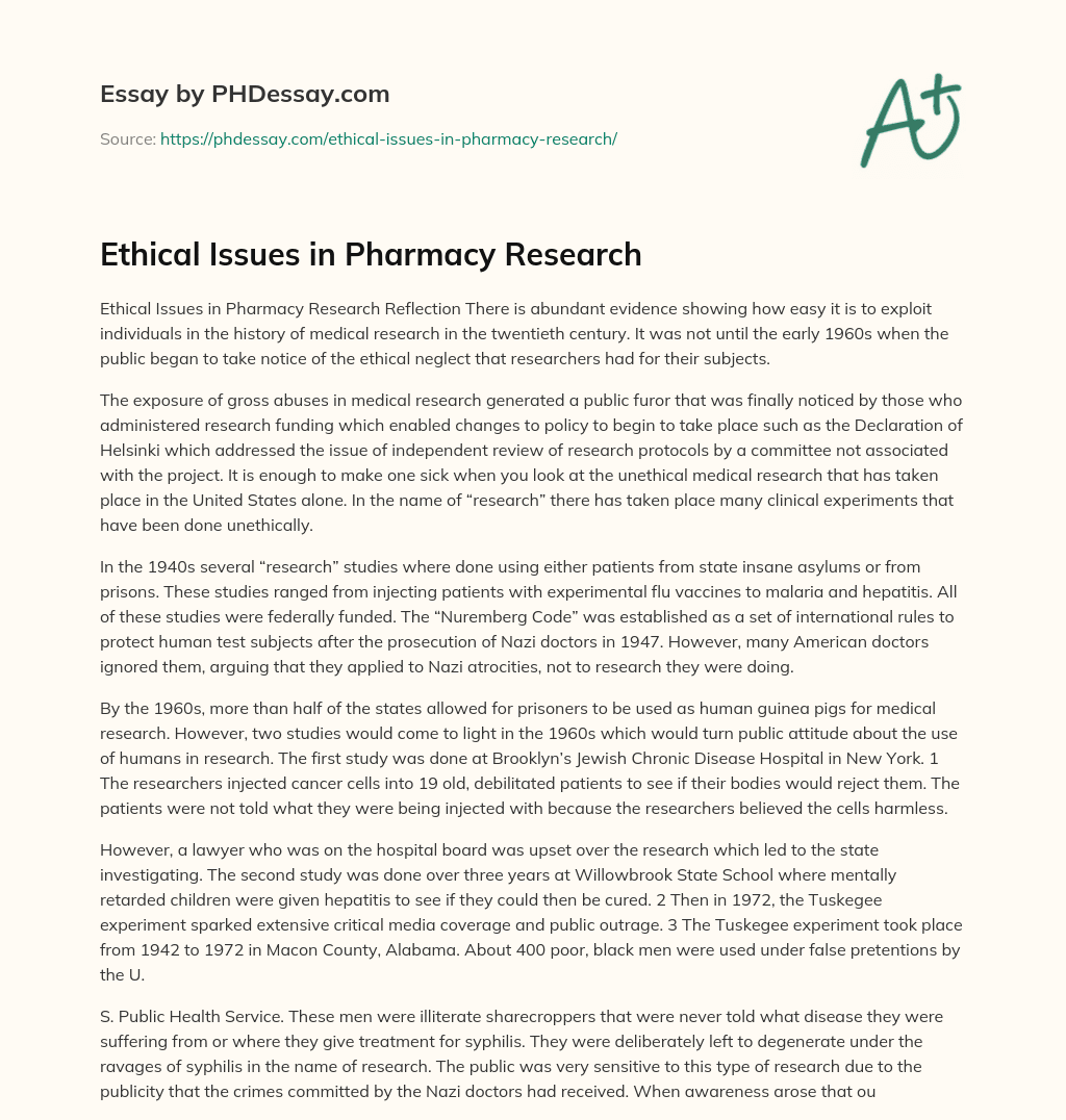 Ethical Issues in Pharmacy Research essay