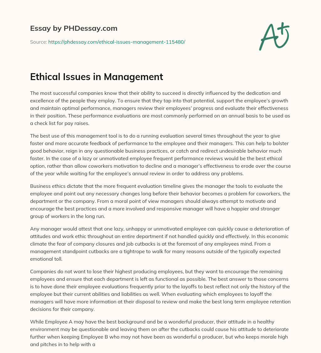 Ethical Issues in Management essay