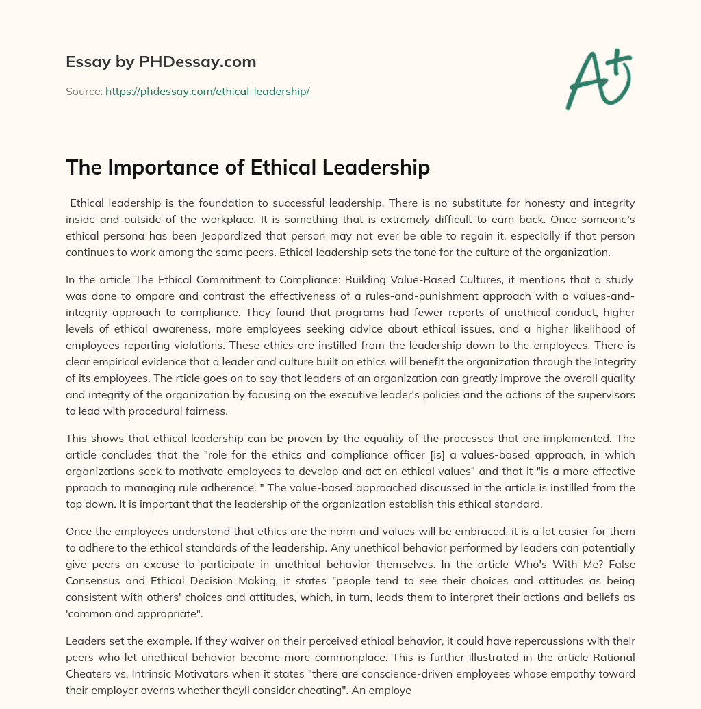 The Importance of Ethical Leadership essay