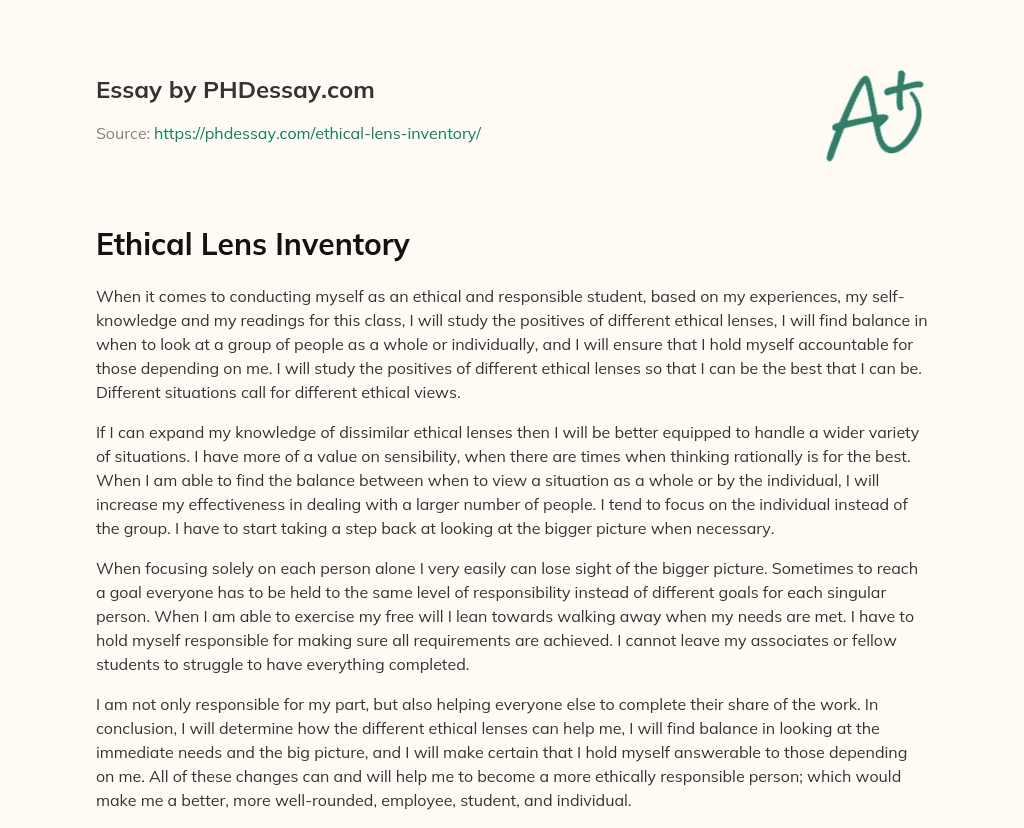 Ethical Lens Inventory Essay Example (400 Words)
