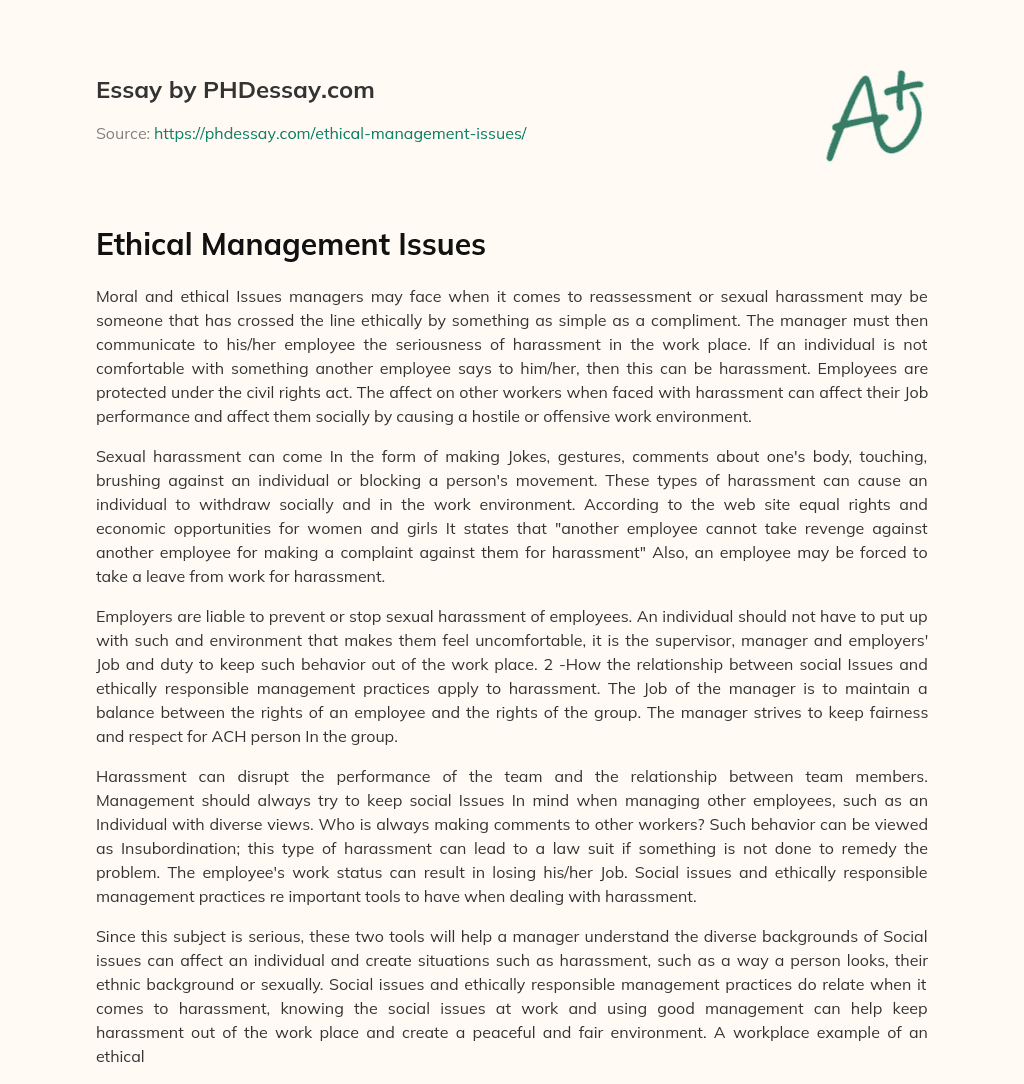 Ethical Management Issues essay