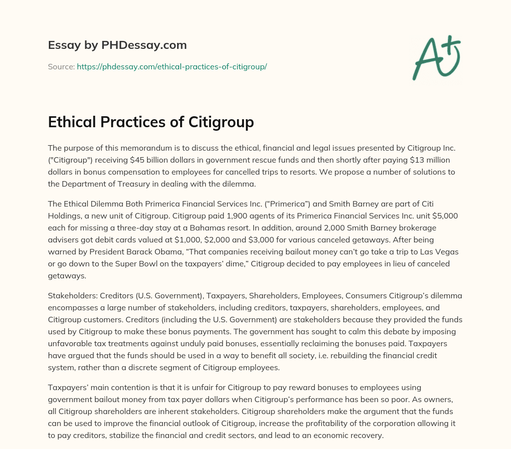 Ethical Practices of Citigroup essay