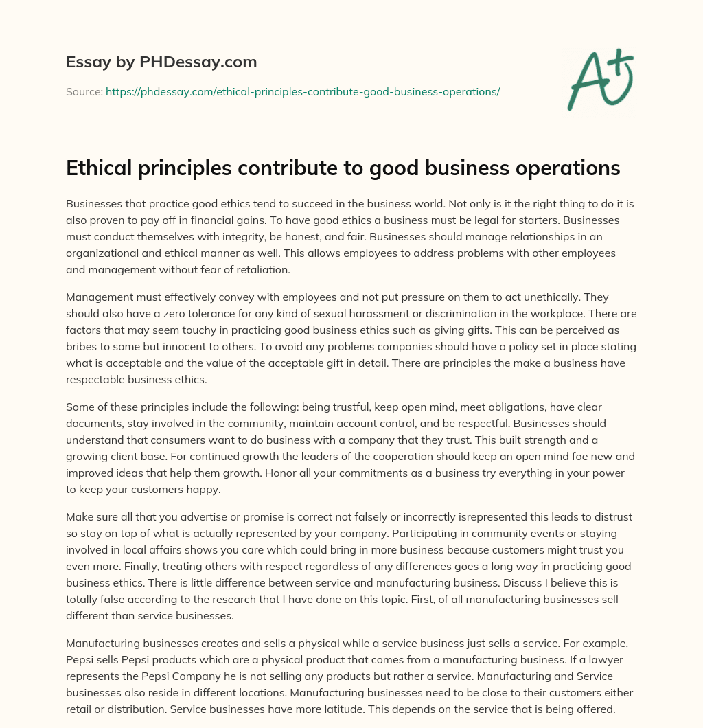 Ethical principles contribute to good business operations essay