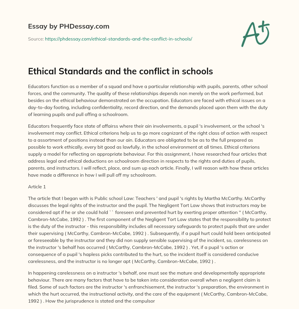 Ethical Standards and the conflict in schools essay