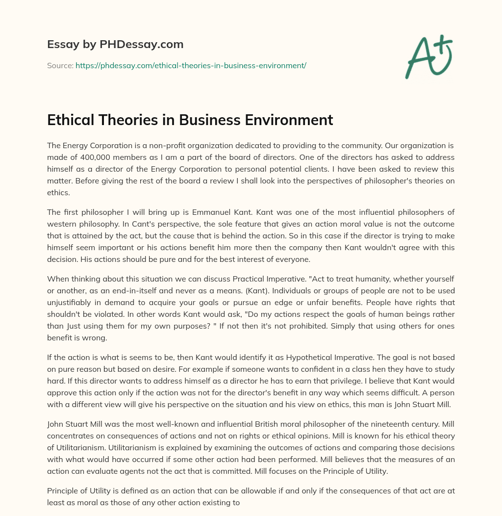 Ethical Theories in Business Environment essay