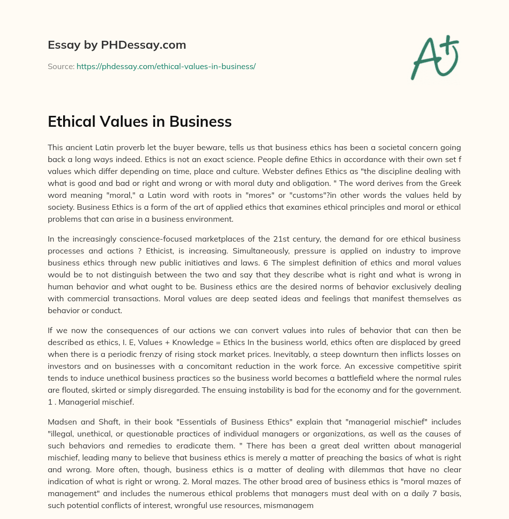 Ethical Values in Business essay