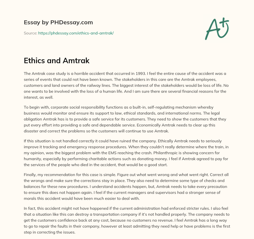 Ethics and Amtrak essay