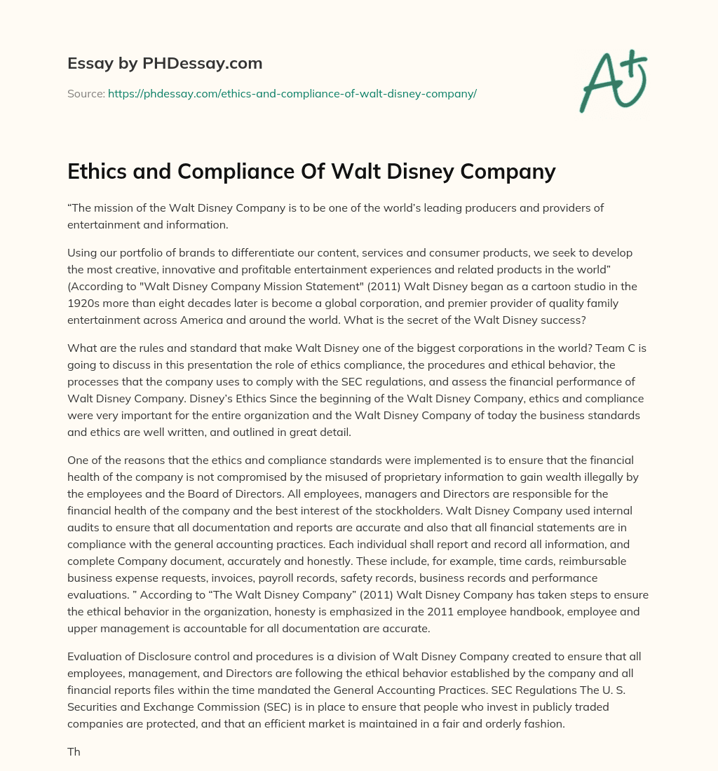 Ethics And Compliance Of Walt Disney Company