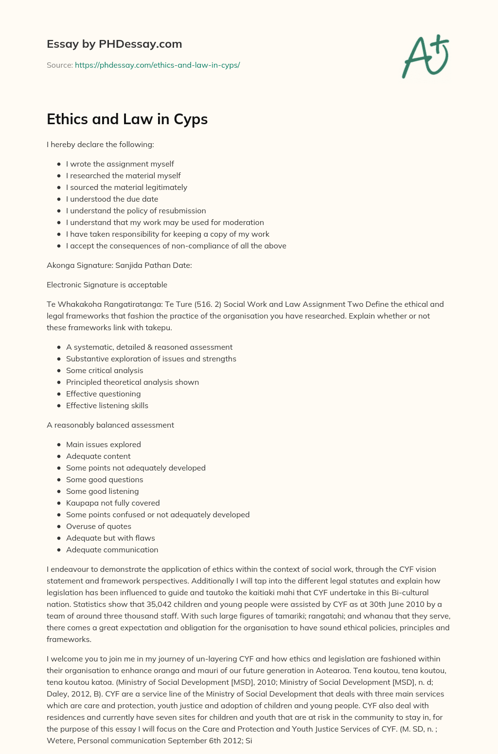 Ethics and Law in Cyps essay