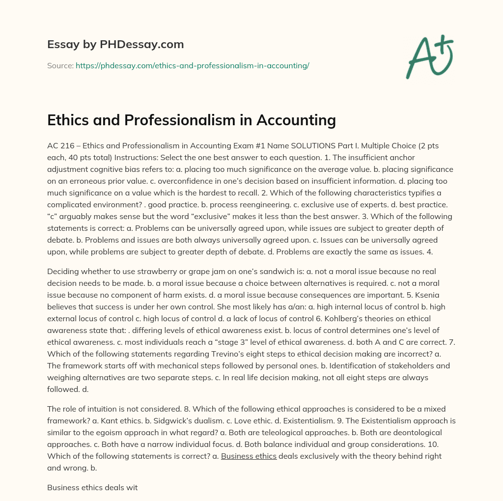 Ethics and Professionalism in Accounting essay