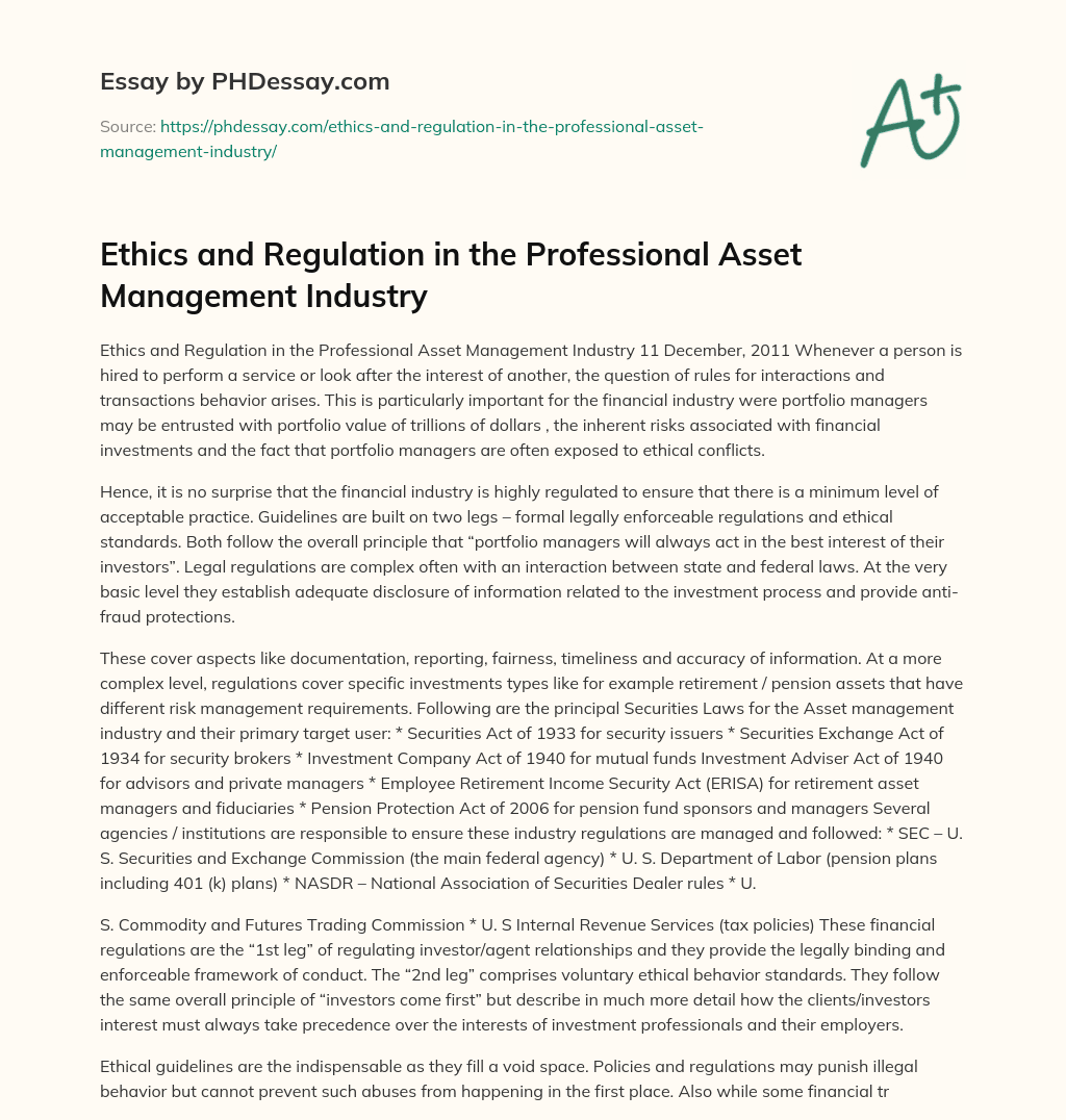 Ethics and Regulation in the Professional Asset Management Industry essay