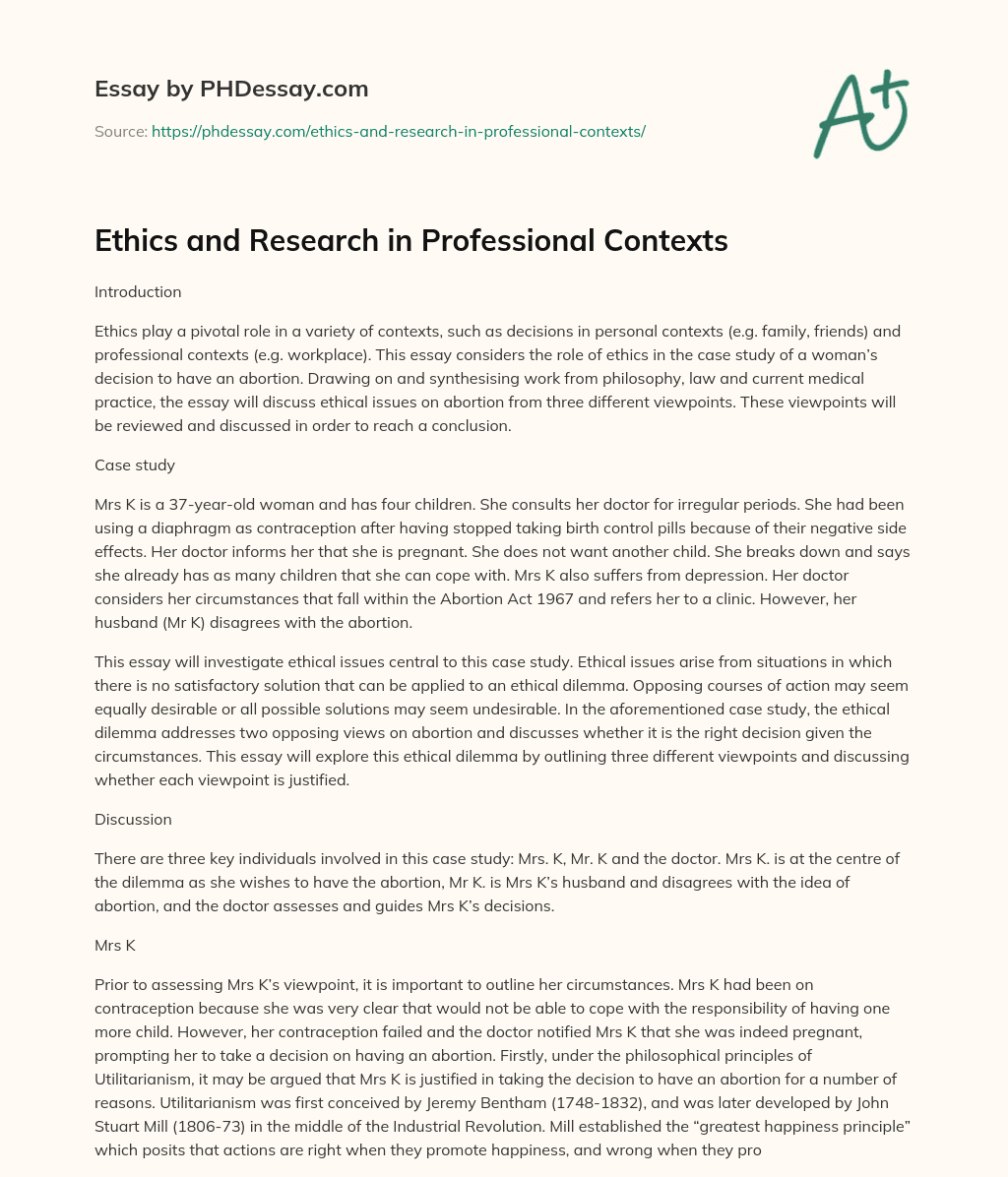 Ethics and Research in Professional Contexts essay
