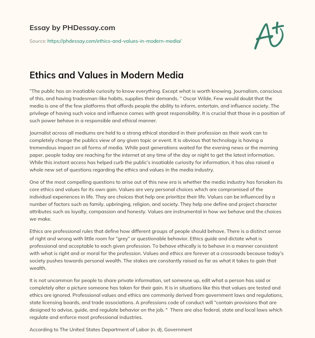 Ethics and Values in Modern Media essay